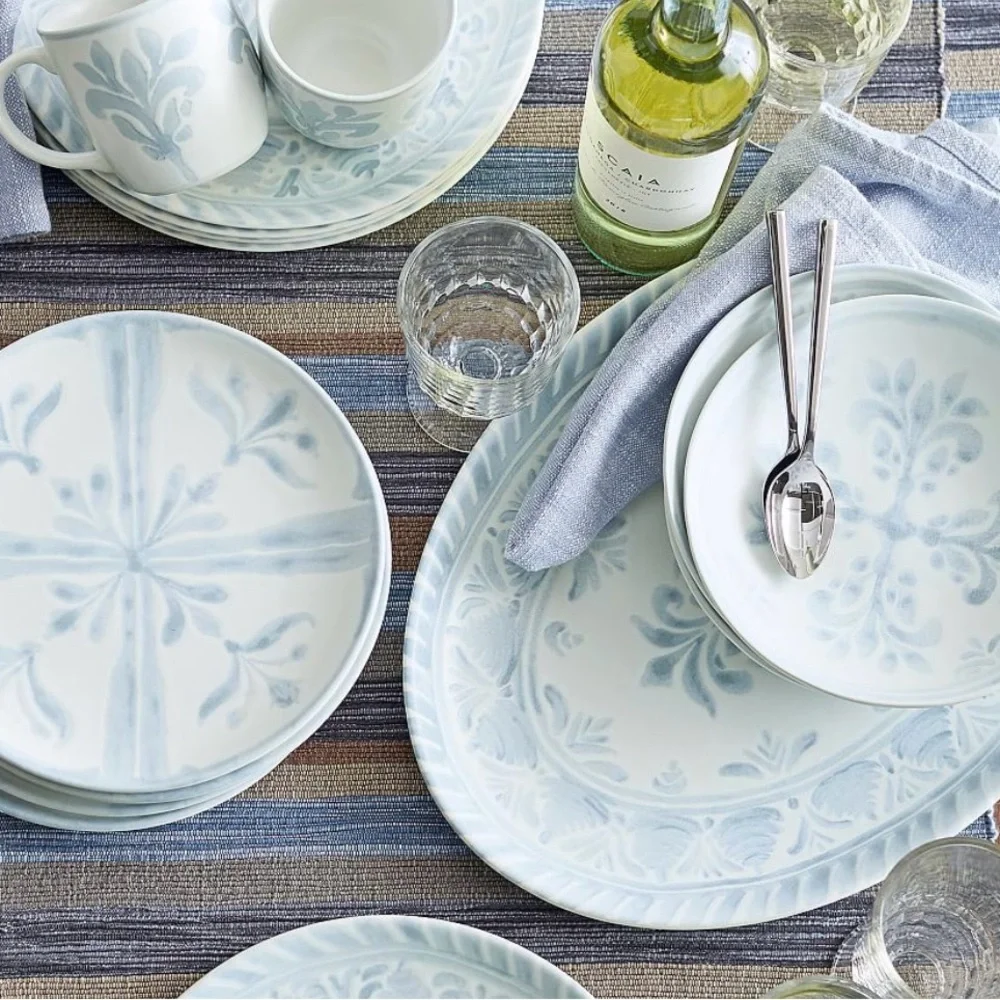 Pottery Barn Chambray Tile Stoneware Soup Bowls Blue and White 8
